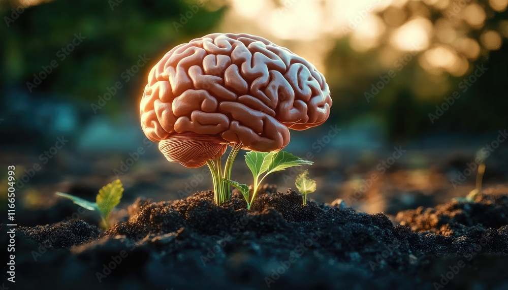 A Surreal Depiction of a Brain Blooming Like a Plant, Symbolizing the Link Between Cognition and Nature A Surreal Depiction of a Brain Blooming Like a Plant, Symbolizing the Link Between Cognition and Nature
