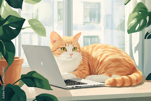 A relaxed orange cat lounging on a desk next to a laptop, surrounded by plants and sunlight.
