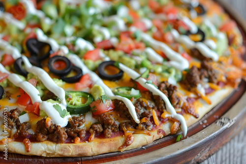 Mexican pizza with taco meat, seasoned beans, jalapenos, and creamy avocado sauce drizzle