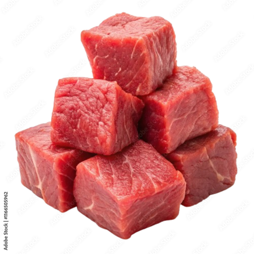 High-quality image of cubes of raw beef stacked with full depth of field, isolated on a white background, showcasing their tender texture and rich, red color High-quality image of cubes of raw beef stacked with full depth of field, isolated on a white background, showcasing their tender texture and rich, red color