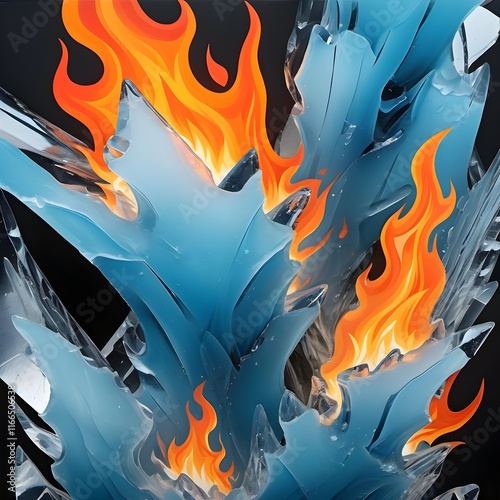 Fire and Ice Contrast, fire and ice, contrast, elemental clash, dramatic visuals, heat vs cold, dynamic energy, opposite forces, flames, glow, joy, vibrant, warmth, burning, energetic, heat, intense photo