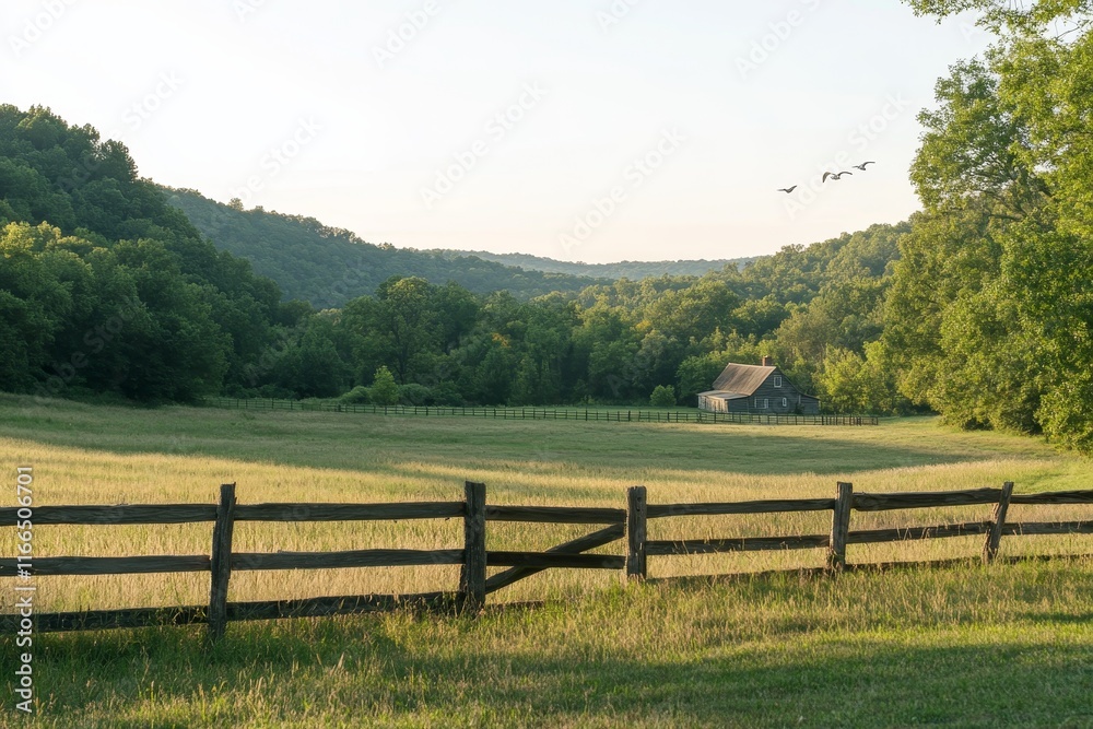 Serene rural landscape with a rustic cabin, green valley, split-rail fence, and birds in flight at sunset. Serene rural landscape with a rustic cabin, green valley, split-rail fence, and birds in flight at sunset.