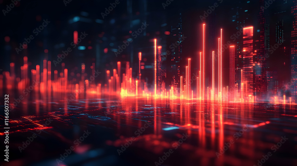 Abstract digital landscape with glowing red data bars. Abstract digital landscape with glowing red data bars.