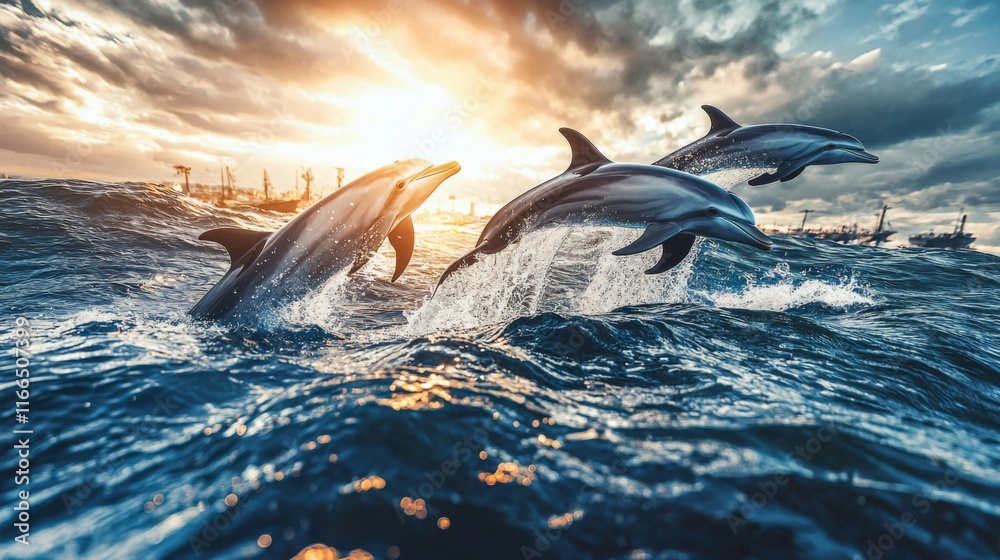 Fototapeta premium Majestic Dolphins Leaping Ocean Waves Sunset
