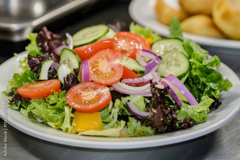 Fresh garden salad with tomatoes, cucumbers, red onions, and lettuce. Fresh garden salad with tomatoes, cucumbers, red onions, and lettuce.