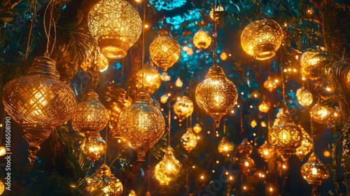 Magical Hanging Lanterns Glowing Lights Festive Decor Night Illumination Intricate Design Warm photo