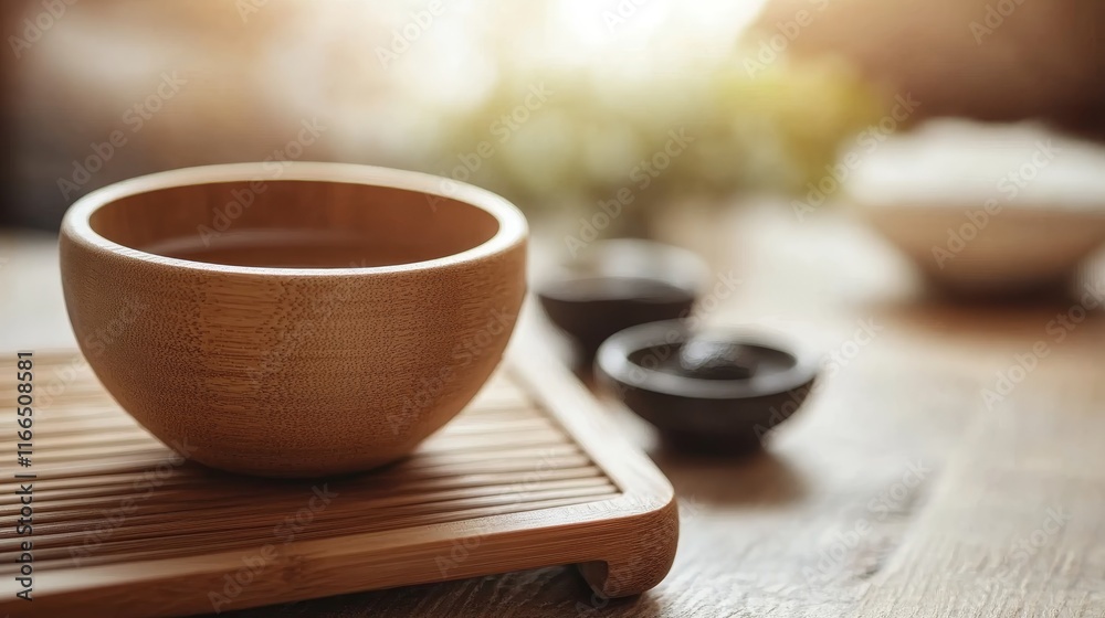 A serene wooden bowl filled with liquid, accompanied by small cups on a textured surface. A serene wooden bowl filled with liquid, accompanied by small cups on a textured surface.