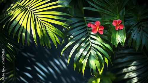 Lush Tropical Foliage Featuring Vibrant Red Flowers