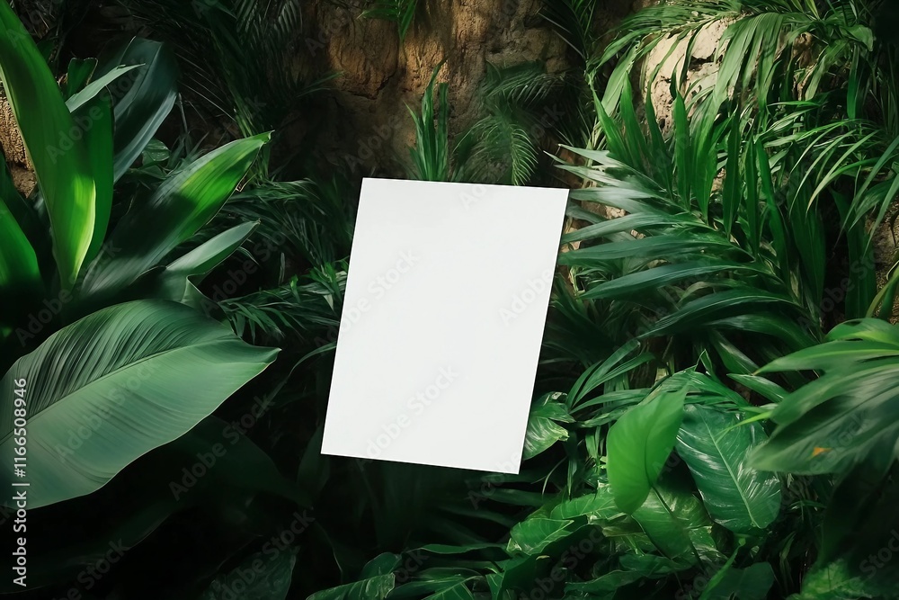 Poster mockup template, real photo, set amidst the lush backdrop of tropical nature environment. Blank isolated object to place your design. Poster mockup template, real photo, set amidst the lush backdrop of tropical nature environment. Blank isolated object to place your design.
