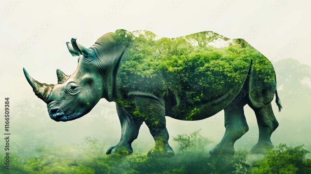Fototapeta premium double exposure effect of an rhino and green jungle. World wildlife day
