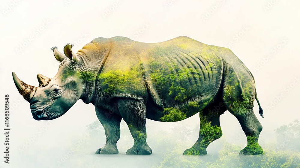 Fototapeta premium double exposure effect of an rhino and green jungle. World wildlife day