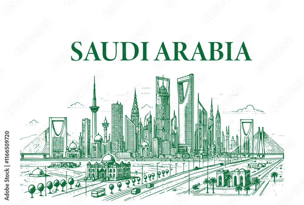 Obraz premium Line drawing of Modern cityscape of Saudi Arabia.