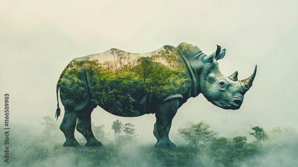Fototapeta premium double exposure effect of an rhino and green jungle. World wildlife day