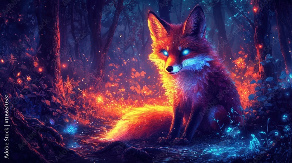 Fototapeta premium Fiery Fox Enchanting Forest Night Glowing Lights Vivid Colors