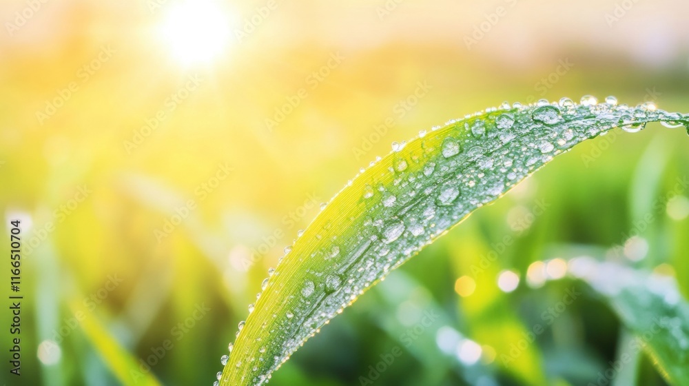 Sparkling water droplets rest on a vibrant green leaf, illuminated by gentle sunlight in a peaceful garden during morning hours Sparkling water droplets rest on a vibrant green leaf, illuminated by gentle sunlight in a peaceful garden during morning hours