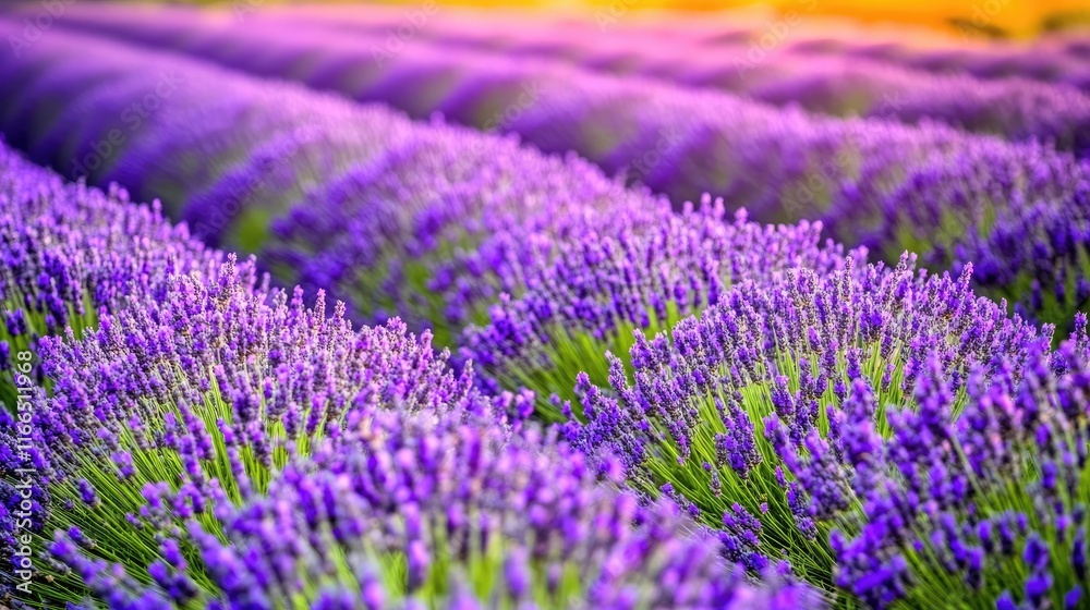 Obraz premium A vibrant field of lavender in rows, showcasing nature's beauty and tranquility.