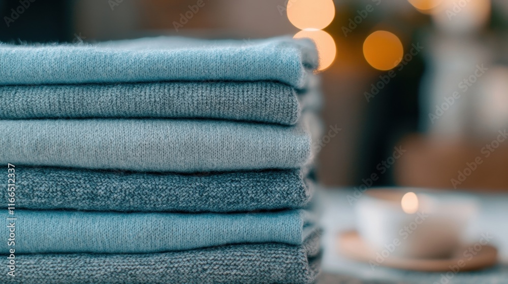 Softly lit stack of light blue shirts arranged neatly on a table, creating a calming and organized atmosphere in a warm space Softly lit stack of light blue shirts arranged neatly on a table, creating a calming and organized atmosphere in a warm space
