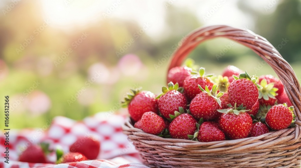 A delightful picnic scene with a woven basket filled with fresh strawberries, surrounded by vibrant flowers on a sunny day