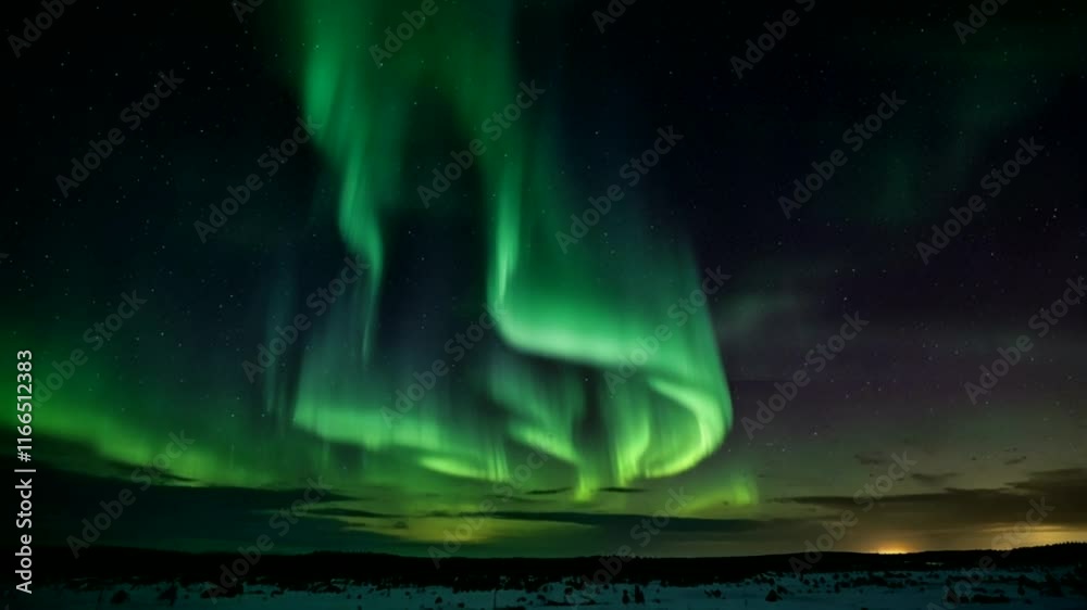 aurora borealis, a natural light phenomenon visible in the night sky, usually in the north polar region. This aurora emits a bright green color with hints of purple and yellow, which dances in the sta