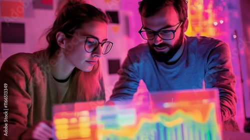 Two professionals having a constructive discussion with charts and graphs displayed on a laptop screen