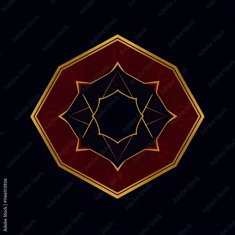 Volumetric lighting. Red, gold, black hexagon abstract geometric design. Commercial, professional quality. Visible light beams through dust or fog Volumetric lighting. Red, gold, black hexagon abstract geometric design. Commercial, professional quality. Visible light beams through dust or fog