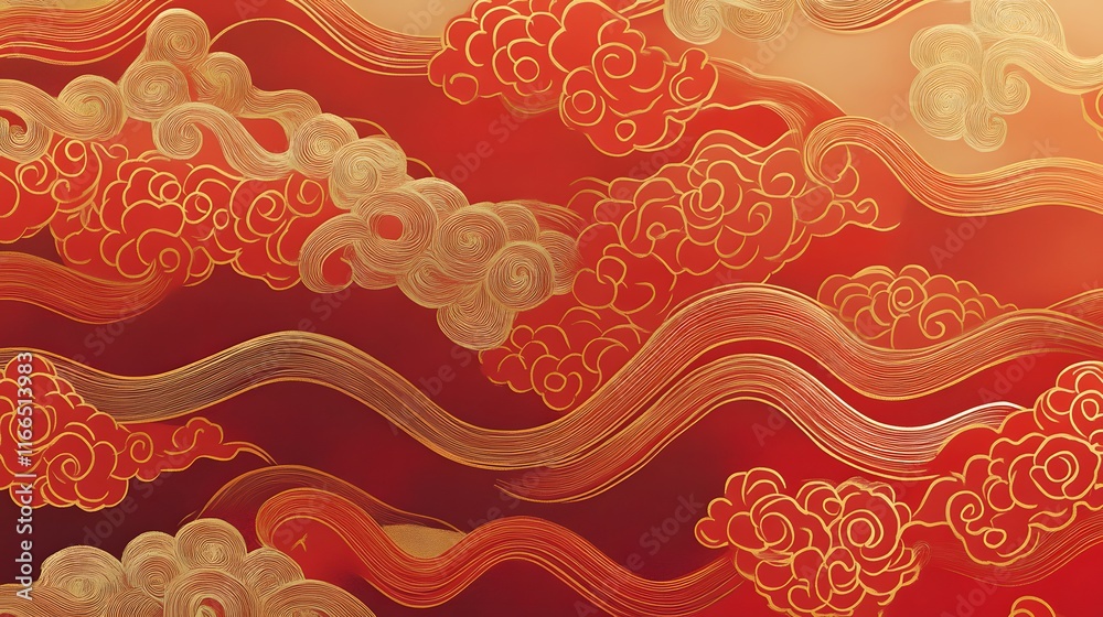 Artistic Depiction of Waves with Intricate Red and Beige Curves