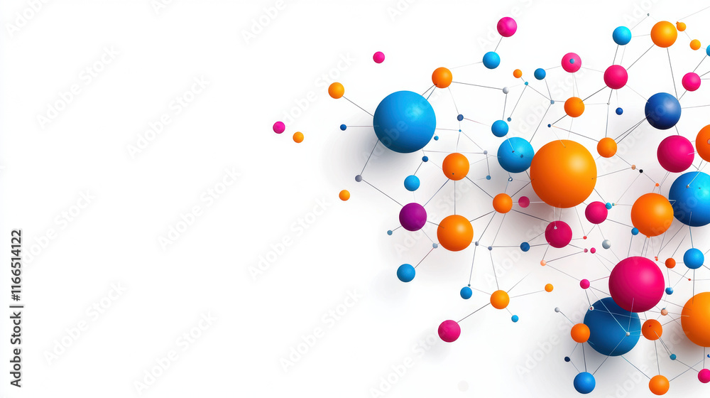 Colorful abstract pattern with dots and lines, showcasing vibrant spheres in blue, pink, orange, and purple. This design evokes sense of creativity and innovation Colorful abstract pattern with dots and lines, showcasing vibrant spheres in blue, pink, orange, and purple. This design evokes sense of creativity and innovation