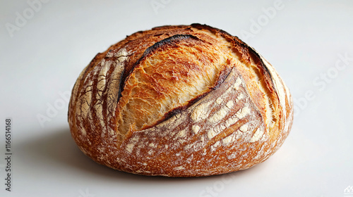 Rustic artisanal bread loaf with golden crust on white background. photo