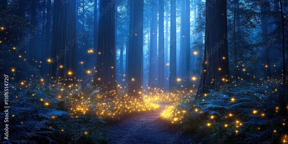 Enchanting Firefly Lit Path Through A Mystical Forest Enchanting Firefly Lit Path Through A Mystical Forest
