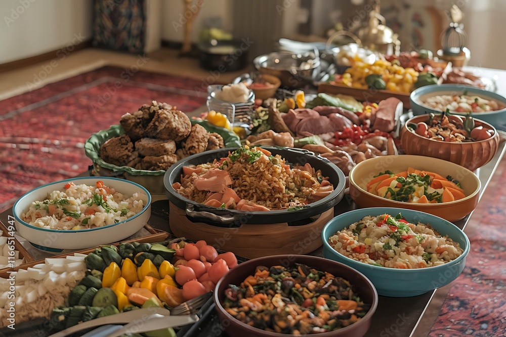 Iftar meal during the holy month of Ramadan, creating a welcoming and festive atmosphere. Iftar meal during the holy month of Ramadan, creating a welcoming and festive atmosphere.