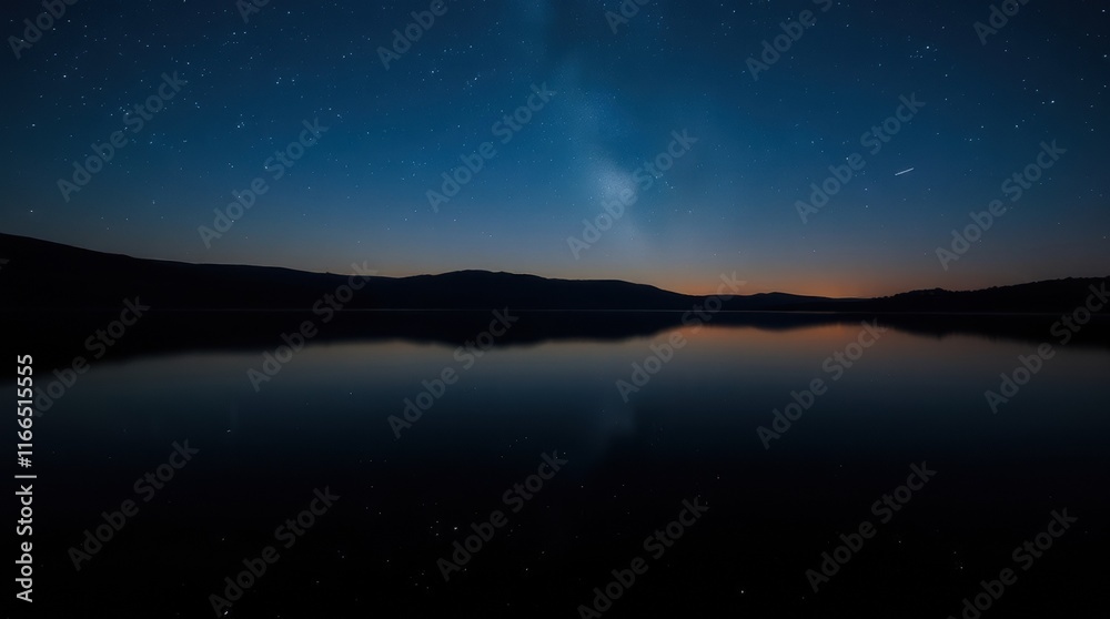 Calm Lake Reflection Under Starry Night Sky Calm Lake Reflection Under Starry Night Sky