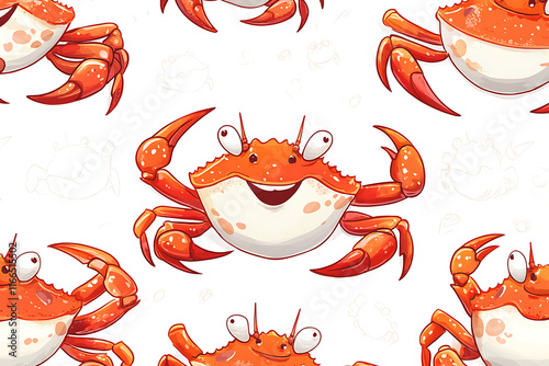 A colorful, cartoonish crab pattern with cheerful expressions on a white background. photo