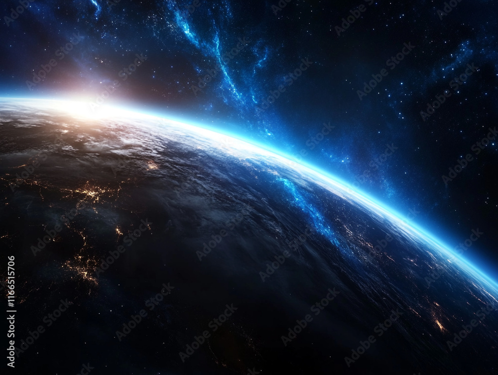 Fototapeta premium The rotating earth in black space. a ray of sunshine in space in Earth's orbit.