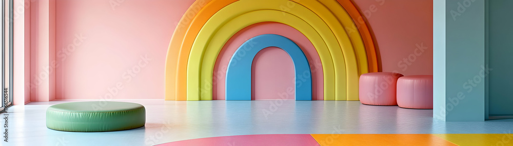 Fototapeta premium Pastel rainbow backdrop, colorful room, playful