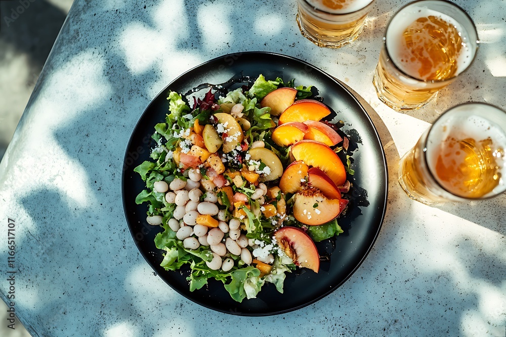 A delightful dinner at an Italian restaurant with shrimp salad and beer A delightful dinner at an Italian restaurant with shrimp salad and beer