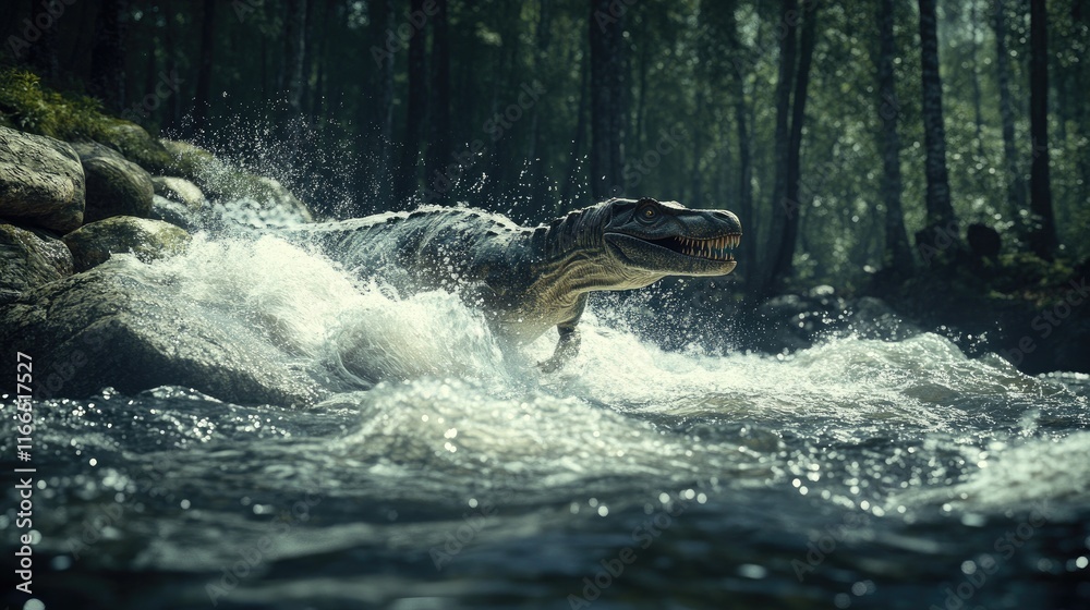 Fototapeta premium A dinosaur emerges from a river, surrounded by a lush forest.