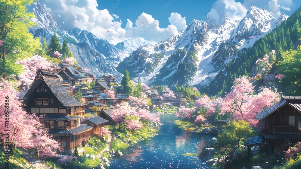Naklejka premium Serene landscape of traditional homes amidst cherry blossoms and mountains.