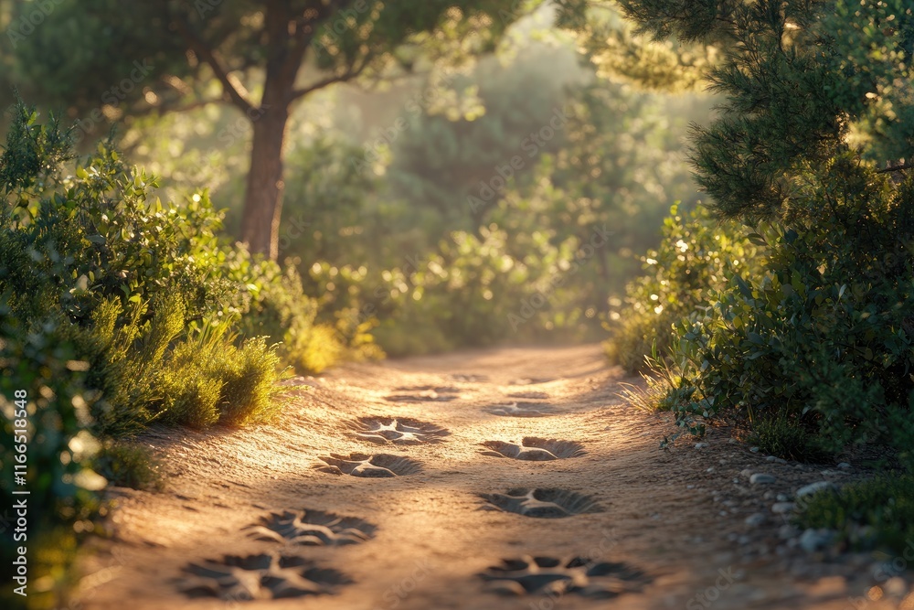 Naklejka premium A serene forest path with visible animal tracks in the soft earth, illuminated by gentle light.