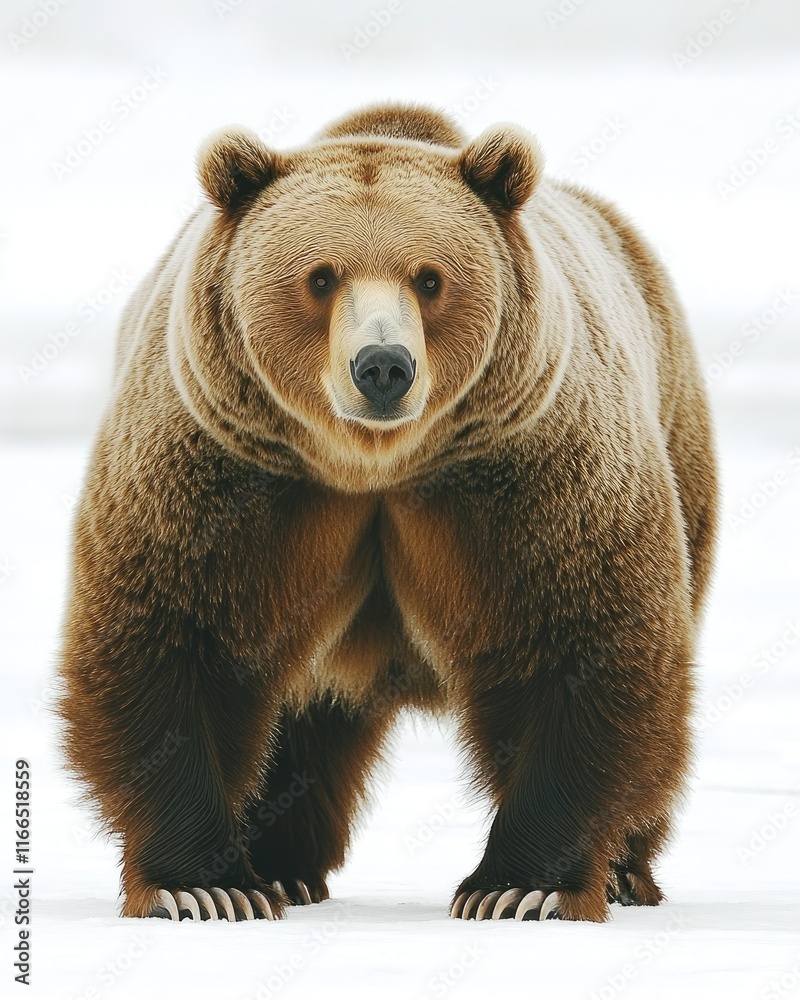 Obraz premium A close-up of a grizzly bear standing on snow, showcasing its powerful build and features.