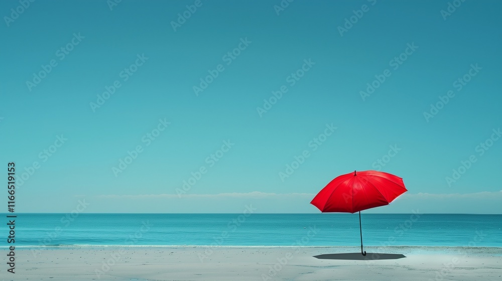 A vibrant red umbrella standing alone on a deserted beach, with the ocean stretching into the horizon under a clear blue sky. A vibrant red umbrella standing alone on a deserted beach, with the ocean stretching into the horizon under a clear blue sky.