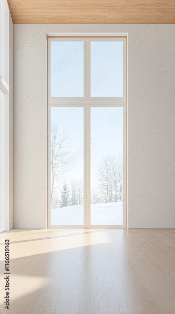 Bright and spacious interior with large window overlooking snowy landscape in winter Bright and spacious interior with large window overlooking snowy landscape in winter