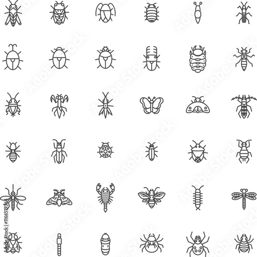 線画ミニ昆虫のイラストアイコンセット