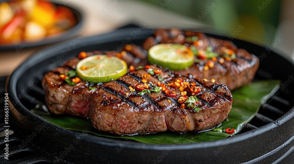 Grilled Steak with Lime and Spices on Banana Leaf Grilled Steak with Lime and Spices on Banana Leaf