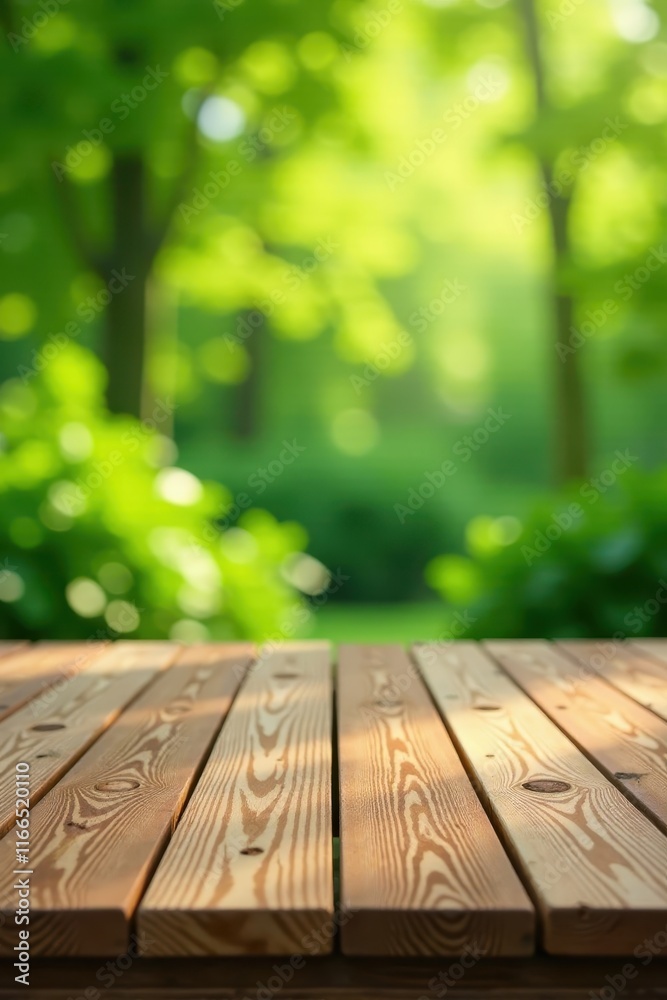 Clean empty wooden deck table; soft focus leafy backdrop, leaves, mockup, life