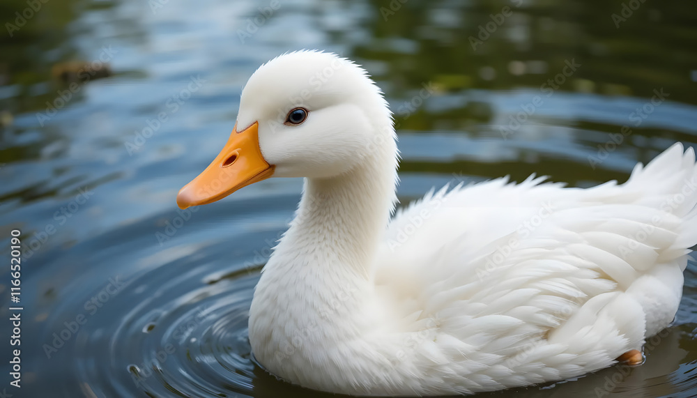 Cute fluffy white duck swimming in the pond. American White Duck floating on the pond Cute fluffy white duck swimming in the pond. American White Duck floating on the pond