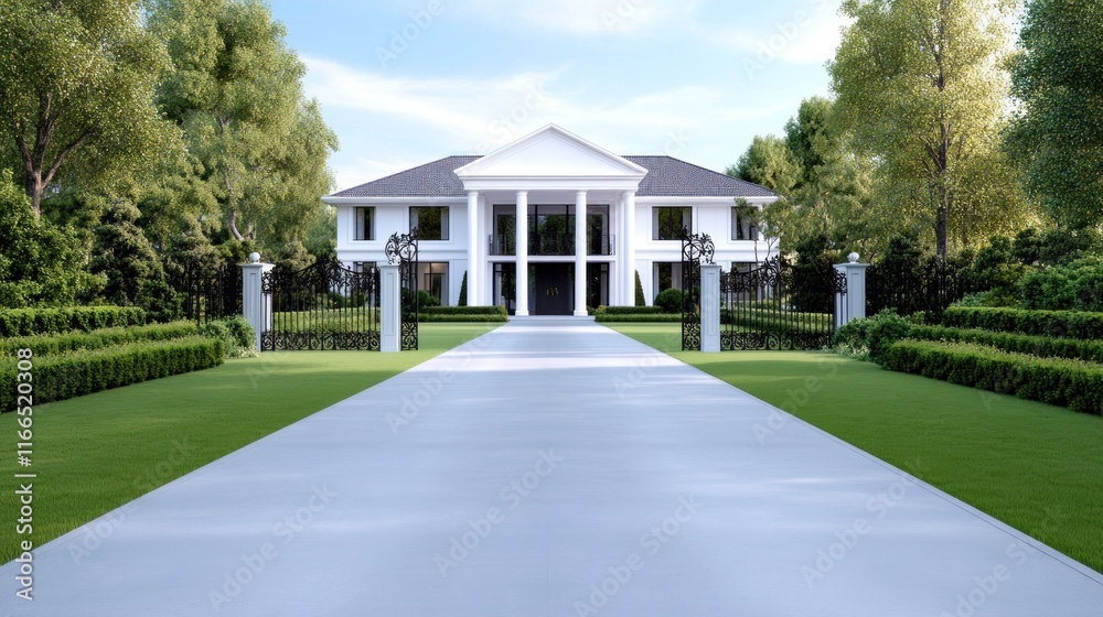 Elegant mansion with a landscaped pathway and greenery.