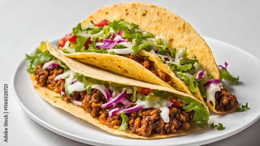 Mexican tacos with beef, tomatoes, chilli and onions isolated on white background Mexican tacos with beef, tomatoes, chilli and onions isolated on white background