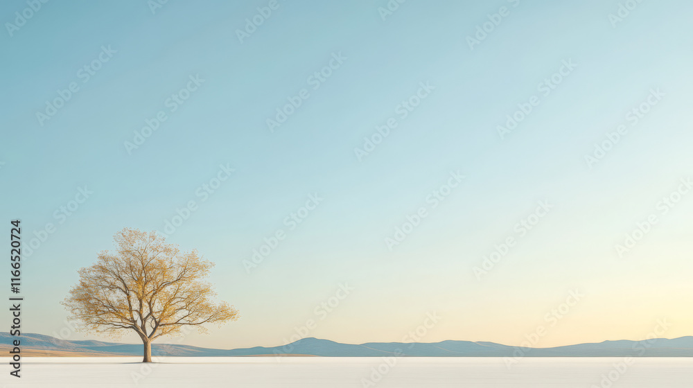 Lonely tree stands in a vast snowy landscape under a clear blue sky Lonely tree stands in a vast snowy landscape under a clear blue sky