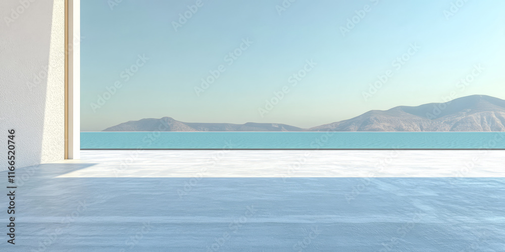 Fototapeta premium Stunning view of mountains and water from a modern architectural space during sunny daylight