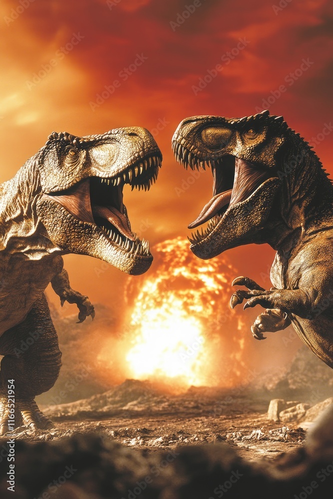 Two roaring dinosaurs face off against a fiery backdrop, evoking a dramatic prehistoric scene. Two roaring dinosaurs face off against a fiery backdrop, evoking a dramatic prehistoric scene.